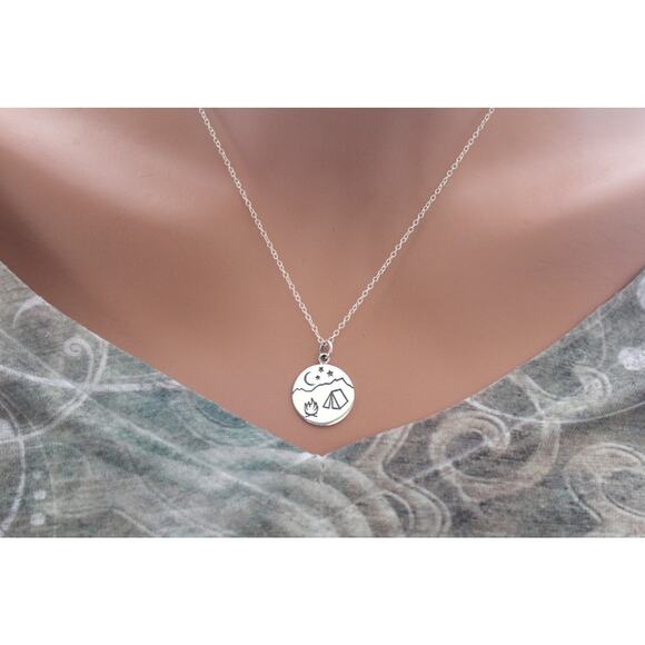 Sterling Silver Camping Necklace, Silver Campfire Mountain Scene Necklace - Picture 2 of 3